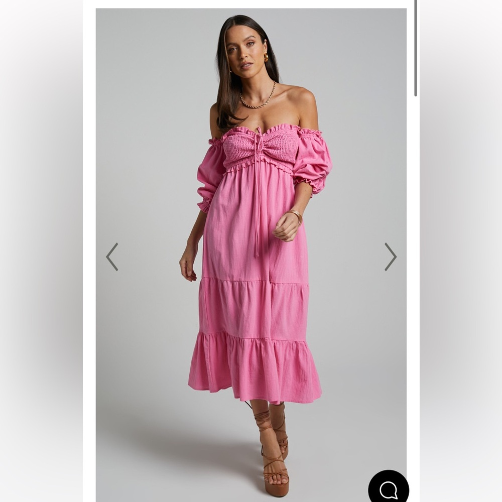 NIKKA MIDI DRESS - SHIRRED OFF SHOULDER PUFF SLEEVE DRESS IN PINK